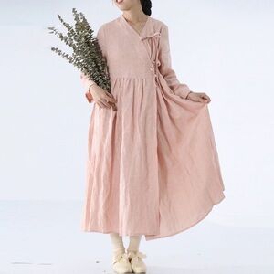 NWT Simpson Gardens BOHO Cottagecore Asian Pink Linen Maxi Dress Medium